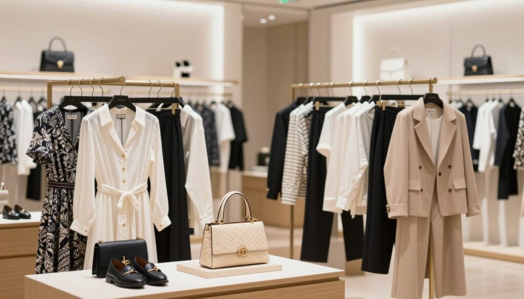 A beautifully arranged display of Liu Jo product lines, showcasing elegant clothing and accessories. In the foreground, focus on a curated selection of stylish garments on hangers, including dresses, blouses, and tailored jackets, accentuated by carefully chosen accessories like handbags and jewelry. The middle ground features a well-organized, chic boutique setting with soft lighting that enhances the colors of the fabric. The background reveals a sophisticated retail environment decorated with minimalist decor and creative visual merchandising. Use a shallow depth of field to blur the background slightly, drawing the viewer’s attention to the foreground products. The atmosphere is inviting and fashionable, embodying the essence of Italian elegance and style. A beautifully arranged display of Liu Jo product lines, showcasing elegant clothing and accessories. In the foreground, focus on a curated selection of stylish garments on hangers, including dresses, blouses, and tailored jackets, accentuated by carefully chosen accessories like handbags and jewelry. The middle ground features a well-organized, chic boutique setting with soft lighting that enhances the colors of the fabric. The background reveals a sophisticated retail environment decorated with minimalist decor and creative visual merchandising. Use a shallow depth of field to blur the background slightly, drawing the viewer’s attention to the foreground products. The atmosphere is inviting and fashionable, embodying the essence of Italian elegance and style.