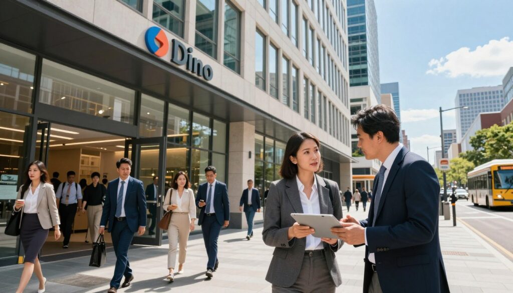 A bustling city street featuring a modern office building with the logo of a retail company like Dino prominently displayed. In the foreground, two professionals in business attire are engaged in conversation, analyzing a digital tablet, symbolizing the impact of location on earnings. The middle features diverse employees of various ages and backgrounds entering and leaving the building, reflecting a vibrant workplace environment. The background showcases an urban landscape with busy streets, public transport, and shopping areas, under a clear blue sky. The lighting is bright and inviting, suggesting a productive, hopeful atmosphere. The angle is slightly elevated, offering a dynamic view of the scene, creating a sense of activity and professionalism throughout. A bustling city street featuring a modern office building with the logo of a retail company like Dino prominently displayed. In the foreground, two professionals in business attire are engaged in conversation, analyzing a digital tablet, symbolizing the impact of location on earnings. The middle features diverse employees of various ages and backgrounds entering and leaving the building, reflecting a vibrant workplace environment. The background showcases an urban landscape with busy streets, public transport, and shopping areas, under a clear blue sky. The lighting is bright and inviting, suggesting a productive, hopeful atmosphere. The angle is slightly elevated, offering a dynamic view of the scene, creating a sense of activity and professionalism throughout.