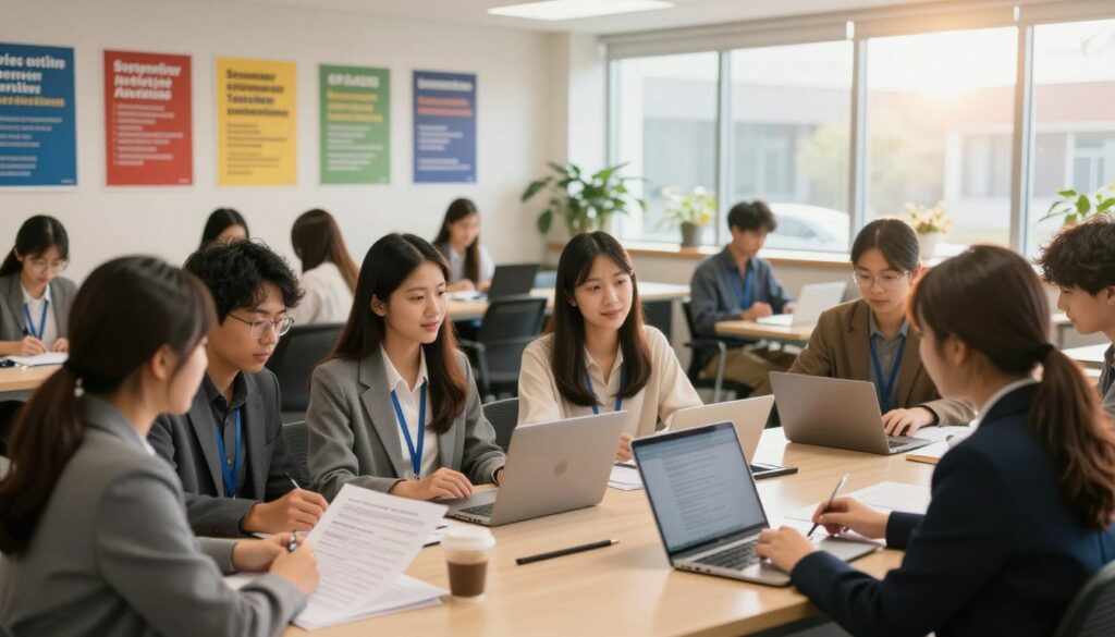 A busy September university enrollment office filled with students engaged in applying for studies. In the foreground, a diverse group of students, dressed in professional business attire and modest casual clothing, consults with an academic advisor, surrounded by application documents and laptops. The middle layer features a bright, welcoming reception area with colorful educational posters about additional enrollment opportunities on the walls. In the background, large windows let in warm, natural light, creating an inviting atmosphere. The scene captures a sense of urgency and excitement, highlighting the importance of the September enrollment period. The image should have a slightly blurred focus effect to emphasize the students while subtly showing the environment.