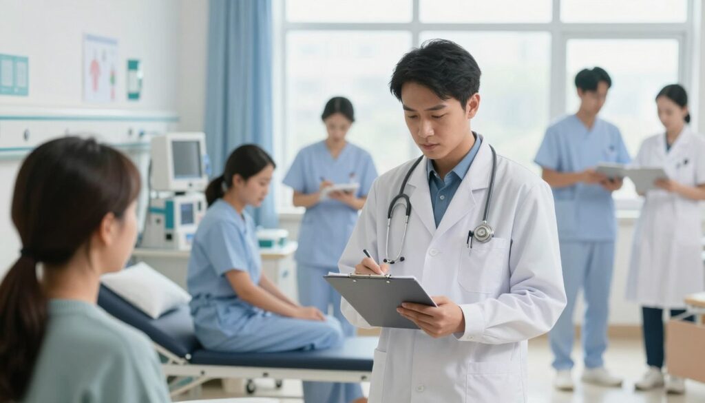 A busy hospital environment depicting a newly graduated medical intern in a white coat, interacting with patients under the supervision of an experienced doctor. In the foreground, the intern is taking notes on a clipboard, looking focused and determined. The middle ground features patients in examination rooms, with medical equipment and charts visible, conveying a sense of professionalism and care. The background shows nurses and other medical professionals engaged in various activities, surrounded by bright, natural lighting filtering through large windows. The atmosphere is one of urgency and dedication, reflecting the challenges and responsibilities of medical internships. The scene captures a transformative moment in the intern's journey, highlighting the importance of practical training in the medical field. A busy hospital environment depicting a newly graduated medical intern in a white coat, interacting with patients under the supervision of an experienced doctor. In the foreground, the intern is taking notes on a clipboard, looking focused and determined. The middle ground features patients in examination rooms, with medical equipment and charts visible, conveying a sense of professionalism and care. The background shows nurses and other medical professionals engaged in various activities, surrounded by bright, natural lighting filtering through large windows. The atmosphere is one of urgency and dedication, reflecting the challenges and responsibilities of medical internships. The scene captures a transformative moment in the intern's journey, highlighting the importance of practical training in the medical field.