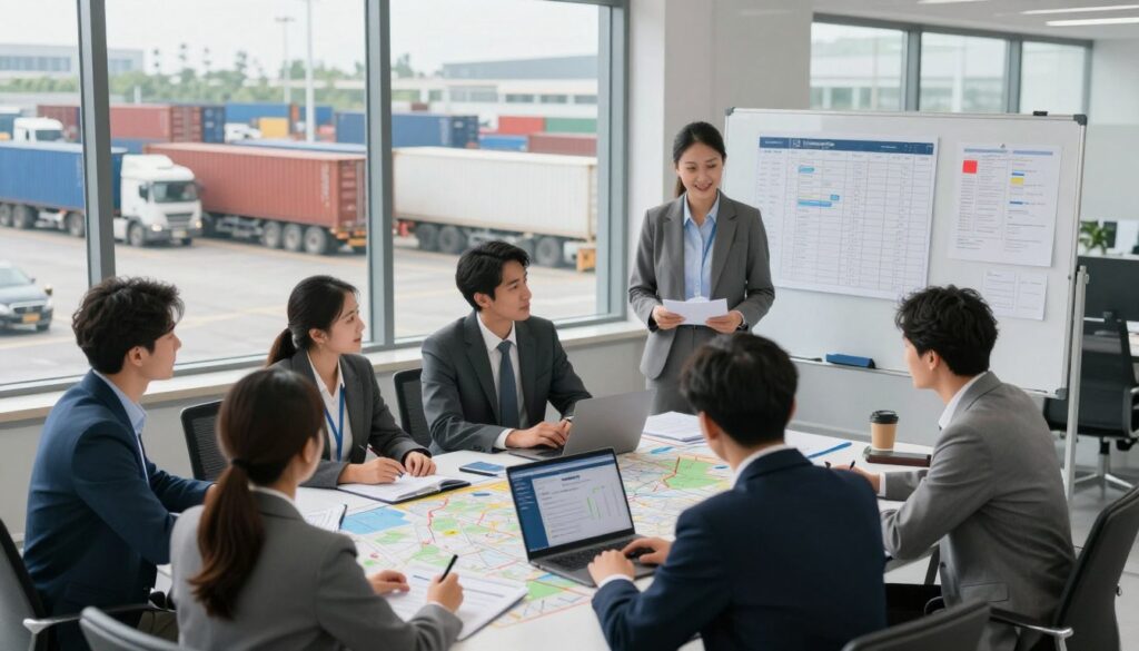 A busy logistics office scene illustrating the key tasks of a freight forwarder in transportation organization. In the foreground, a diverse team of professionals in business attire is collaborating around a large table covered with maps, documents, and a laptop displaying a transport management system. The middle ground features a whiteboard filled with charts and schedules, emphasizing planning and coordination. In the background, large windows reveal a busy shipping yard with trucks and containers, bathed in natural light. The atmosphere is focused and dynamic, highlighting teamwork and problem-solving in the freight forwarding process. The image captures a sense of professionalism and efficiency in the logistics industry. A busy logistics office scene illustrating the key tasks of a freight forwarder in transportation organization. In the foreground, a diverse team of professionals in business attire is collaborating around a large table covered with maps, documents, and a laptop displaying a transport management system. The middle ground features a whiteboard filled with charts and schedules, emphasizing planning and coordination. In the background, large windows reveal a busy shipping yard with trucks and containers, bathed in natural light. The atmosphere is focused and dynamic, highlighting teamwork and problem-solving in the freight forwarding process. The image captures a sense of professionalism and efficiency in the logistics industry.