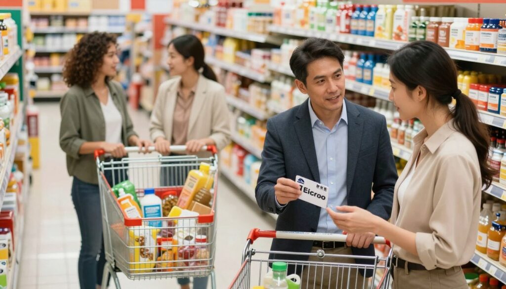 A busy macro supermarket shopping scene featuring a diverse group of people engaged in communal shopping. In the foreground, a male entrepreneur in professional attire holds a Macro client card, showcasing it prominently as he discusses shopping strategies with a female companion, also dressed in smart casual clothing. In the middle ground, shopping carts filled with various items like groceries and household supplies showcase a vibrant assortment, while shoppers interact around them. The background reveals neatly organized shelves stocked with products, illuminated by warm, natural lighting that creates a welcoming atmosphere. The angle is slightly elevated, capturing both the excitement of the shopping experience and the camaraderie between the shoppers, conveying a sense of community and collaboration in a bustling market environment.