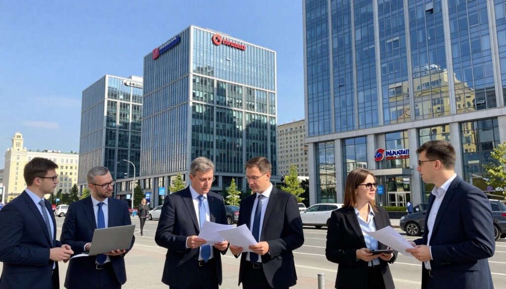 A busy urban scene in a modern Russian city, showcasing corporate offices and recognizable international brand storefronts. In the foreground, a diverse group of professional individuals, dressed in business attire, engage in discussions with documents and laptops in hand. The middle ground features large glass buildings displaying prominent company logos, visibly maintaining operations. The background reveals a clear blue sky with a hint of cityscape, including iconic elements of Russian architecture. The overall atmosphere conveys resilience and continuity in business, with bright, natural lighting illuminating the scene. Capture the essence of ongoing corporate life in Russia, emphasizing professionalism and collaboration without any text or distractions. A busy urban scene in a modern Russian city, showcasing corporate offices and recognizable international brand storefronts. In the foreground, a diverse group of professional individuals, dressed in business attire, engage in discussions with documents and laptops in hand. The middle ground features large glass buildings displaying prominent company logos, visibly maintaining operations. The background reveals a clear blue sky with a hint of cityscape, including iconic elements of Russian architecture. The overall atmosphere conveys resilience and continuity in business, with bright, natural lighting illuminating the scene. Capture the essence of ongoing corporate life in Russia, emphasizing professionalism and collaboration without any text or distractions.