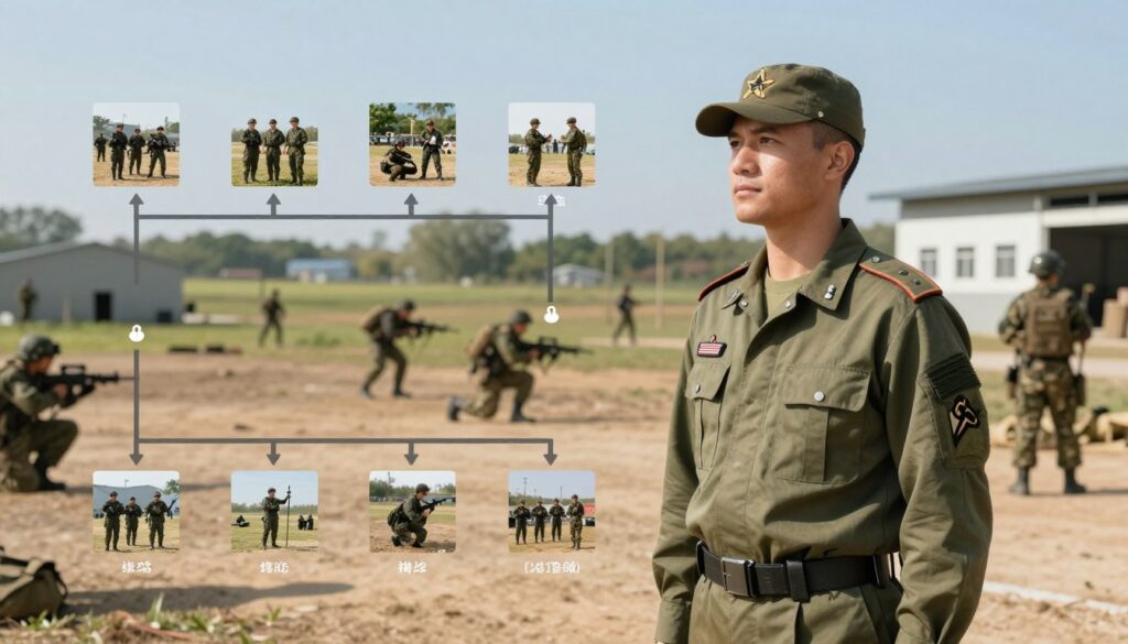A career path illustration for a sapper, featuring a well-dressed sapper in professional attire, standing confidently amidst a training ground. In the foreground, the sapper looks at a clear progression chart in front of them, showcasing various stages of their career, with images of training, fieldwork, and advancement. In the middle ground, a subtle representation of training exercises and tactical equipment creates an immersive setting. The background includes a blurred landscape of military structures and fields, under a clear blue sky. The lighting is bright and natural, casting soft shadows. The overall mood conveys professionalism and determination, reflecting the ambition required in this career pathway.