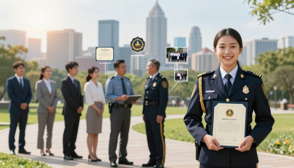 A city park with a clear path representing the career progression of municipal guards, featuring a group of diverse individuals in professional business attire. In the foreground, a young female guard holds a promotion certificate, smiling proudly. In the middle ground, a middle-aged male guard discusses opportunities with a mentor, surrounded by visual representations of career milestones like badges, certificates, and photos of team achievements. The background showcases a vibrant city skyline under a bright, sunny sky, symbolizing growth and future aspirations. Soft, warm lighting enhances the professional atmosphere, with a shallow depth of field focusing on the characters while lightly blurring the background. The overall mood is optimistic and motivational, illustrating development and success in a law enforcement career.
