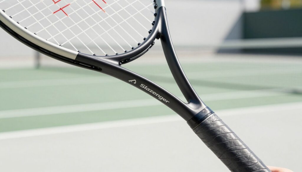 A close-up of a high-quality Slazenger sports product, such as a tennis racket or cricket bat, shown against a clean, minimalistic background that emphasizes craftsmanship. The foreground features the product angled attractively to highlight its sleek design and branding, with texture details visible on the grip and frame. In the middle ground, add a blurred out tennis court or sports field to suggest context without overpowering the main focus. Soft, natural lighting illuminates the product, creating subtle shadows that enhance its form. The atmosphere is professional and sophisticated, conveying elegance and quality, with a focus on the meticulous detailing that represents the brand's commitment to excellence. The angle should be slightly tilted upwards, creating a dynamic perspective that draws the viewer’s attention to the product's superior quality.