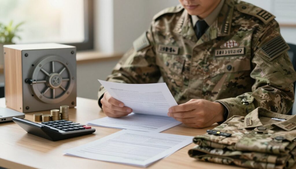 A close-up scene depicting a variety of financial benefits and bonuses related to military service. In the foreground, a neatly arranged desk showcases items such as a calculator, financial statements, and a neatly folded military uniform. In the middle, a military officer in professional attire is reviewing documents with focused determination, surrounded by symbols of financial security, like a secure vault and stacks of coins. The background features a soft-focus office environment, illuminated by warm, natural light filtering through a window, creating an atmosphere of professionalism and trust. The overall mood should convey a sense of responsibility and diligence in managing financial incentives for elite military personnel.