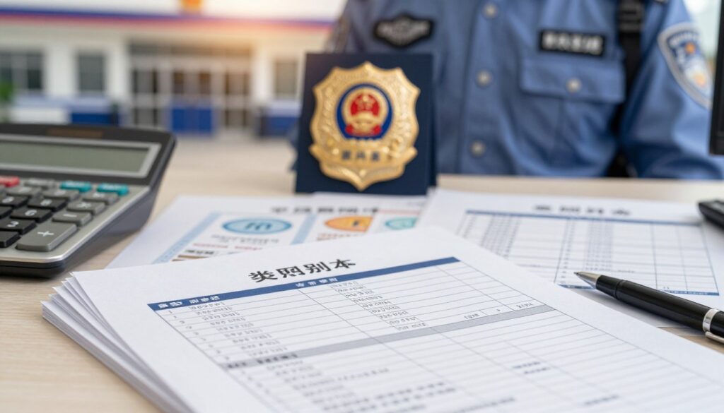 A close-up scene showcasing a police officer's salary statement and various salary supplements displayed on a desk. In the foreground, the focused elements include a neatly organized bundle of salary documents, a calculator, and a pen. In the middle, a professional police badge and a symbolic representation of additional financial benefits, like bonuses and allowances, can be subtly integrated into the layout. The background contains soft-focus images of a police station, illuminated by warm lighting to create a sense of professionalism and seriousness. The overall mood is analytical and informative, highlighting the importance of salary supplements in a police officer's income. The image should maintain a polished and business-like aesthetic with no text or logos visible.