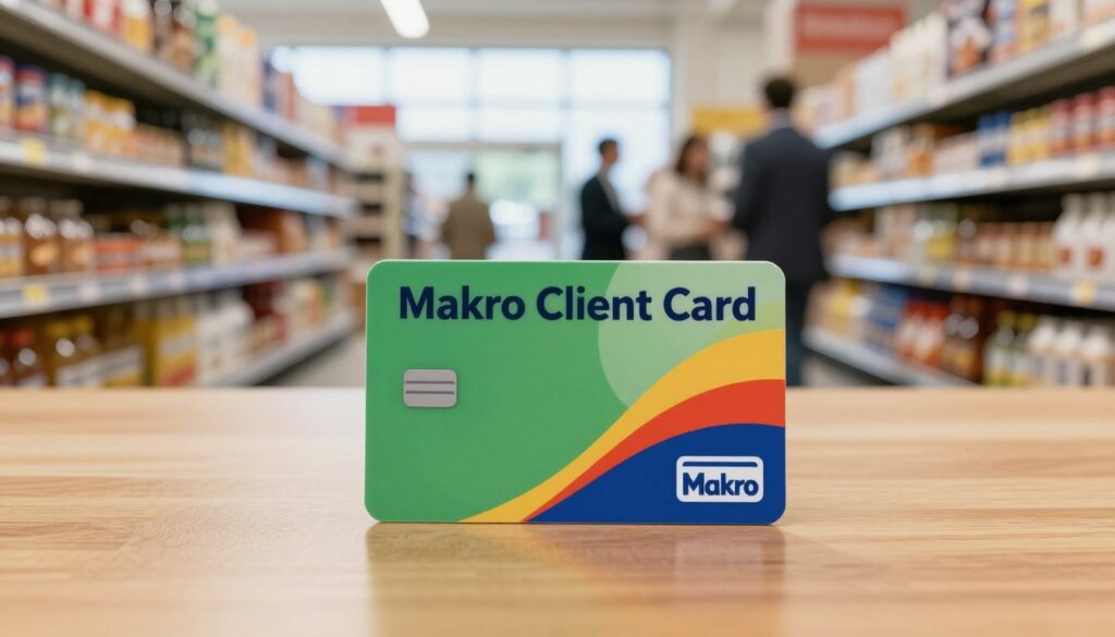 A close-up view of a "Makro Client Card" prominently displayed on a wooden table in a well-lit warehouse environment. The card is colorful, showcasing the Makro logo and unique design elements. In the background, a spacious shopping hall filled with shelves of bulk goods, emphasizing the scale and variety available to customers. Soft natural light filters through large windows, creating a welcoming, professional atmosphere. A few blurred figures of well-dressed customers in business attire are seen browsing in the distance, conveying activity and engagement. The focus is on the card while maintaining a sense of the bustling retail environment, enhancing the idea of accessibility and membership benefits.