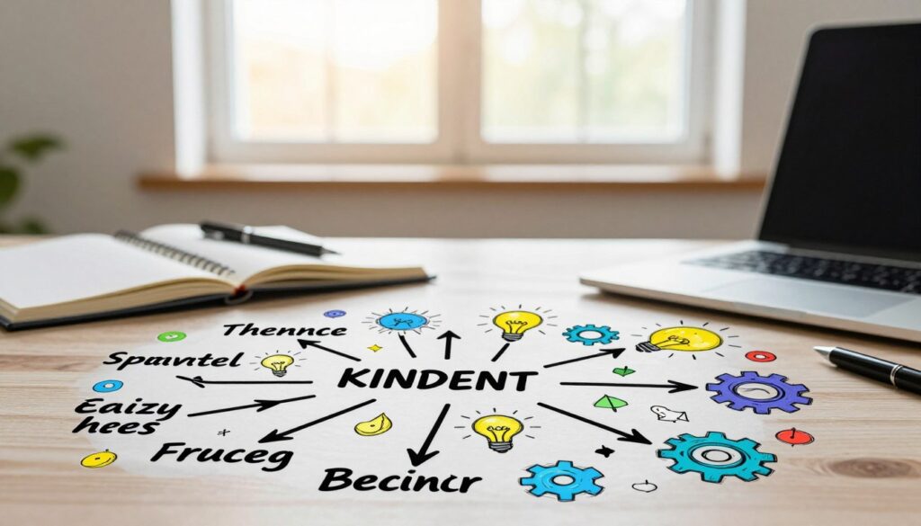 A colorful and intricate mind map layout, showcasing various branches connecting ideas and concepts. In the foreground, the map should include handwritten keywords in a playful font, surrounded by doodles like light bulbs, gears, and arrows to symbolize creativity and organization. The middle layer features a soft-focus desk with notebooks, pens, and a laptop, emphasizing a studious environment. In the background, a large window allows natural light to flood the room, casting a warm glow and creating a welcoming atmosphere. The scene conveys a mood of inspiration and intellectual curiosity, ideal for visualizing knowledge creatively.