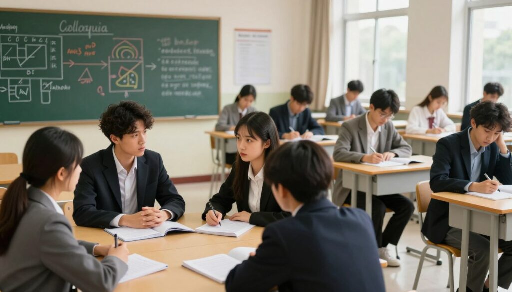 A comparison scene depicting the differences between colloquia and final exams in a university setting. In the foreground, a diverse group of students in professional attire is engaged in discussions at a table filled with notebooks and study materials. The middle ground features a chalkboard displaying diagrams and notes, symbolizing colloquia with colorful, interactive elements. In contrast, a traditional exam setting is illustrated with rows of desks, students focused on answering questions on papers. The background includes a university classroom, with large windows allowing soft, natural light to filter in, creating a productive atmosphere. The mood is one of tension and focus, reflecting the seriousness of assessments while highlighting the collaborative nature of colloquia. The image should have a warm color palette, with a depth-of-field effect to emphasize the foreground interactions. A comparison scene depicting the differences between colloquia and final exams in a university setting. In the foreground, a diverse group of students in professional attire is engaged in discussions at a table filled with notebooks and study materials. The middle ground features a chalkboard displaying diagrams and notes, symbolizing colloquia with colorful, interactive elements. In contrast, a traditional exam setting is illustrated with rows of desks, students focused on answering questions on papers. The background includes a university classroom, with large windows allowing soft, natural light to filter in, creating a productive atmosphere. The mood is one of tension and focus, reflecting the seriousness of assessments while highlighting the collaborative nature of colloquia. The image should have a warm color palette, with a depth-of-field effect to emphasize the foreground interactions.