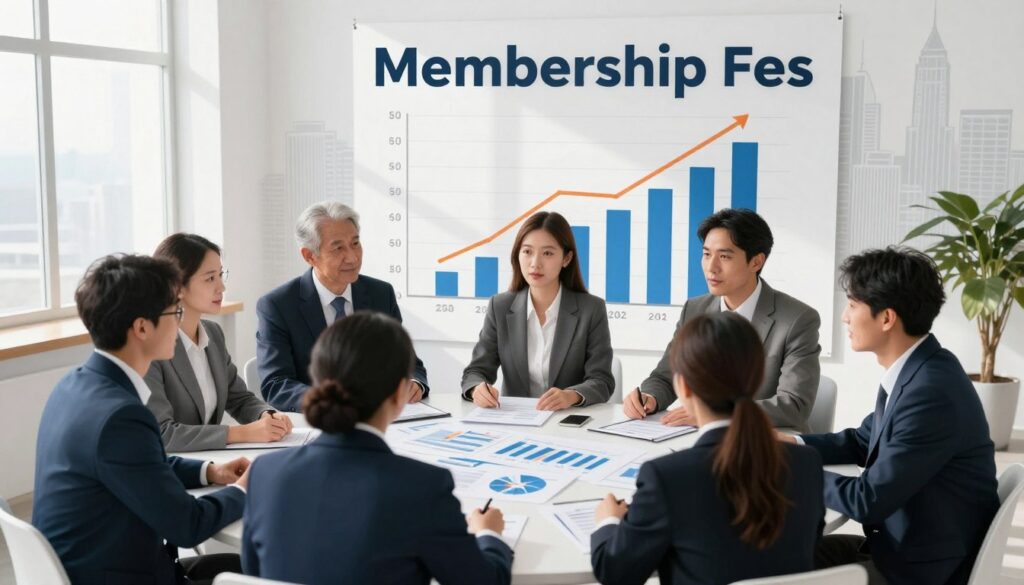 A conceptual illustration of membership dues as a vital aspect of political party financing. In the foreground, a diverse group of professional individuals in business attire are engaged in discussion around a table filled with charts and financial documents symbolizing membership contributions. The middle ground features a detailed chart showing growth in funding over the years, illustrating the importance of membership fees. In the background, a subtle outline of a bustling cityscape represents the political landscape. The atmosphere is serious yet optimistic, with bright, natural lighting pouring through large windows, casting soft shadows and highlighting the expressions of collaboration and determination among the individuals. The angle is slightly elevated, offering a comprehensive view of the interaction. A conceptual illustration of membership dues as a vital aspect of political party financing. In the foreground, a diverse group of professional individuals in business attire are engaged in discussion around a table filled with charts and financial documents symbolizing membership contributions. The middle ground features a detailed chart showing growth in funding over the years, illustrating the importance of membership fees. In the background, a subtle outline of a bustling cityscape represents the political landscape. The atmosphere is serious yet optimistic, with bright, natural lighting pouring through large windows, casting soft shadows and highlighting the expressions of collaboration and determination among the individuals. The angle is slightly elevated, offering a comprehensive view of the interaction.