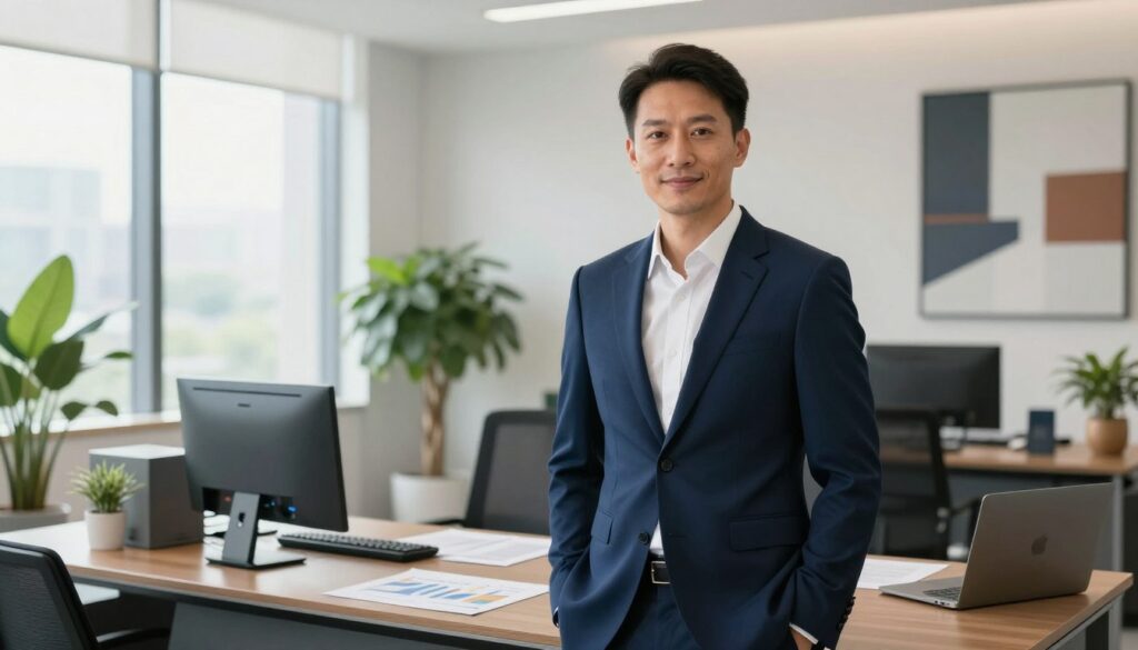 A confident bank department director stands in a modern office, wearing a tailored navy suit and a crisp white shirt, showcasing professionalism and authority. The foreground features the director, looking directly at the viewer, with a slight smile that conveys warmth and leadership. In the middle ground, a stylish desk with high-tech gadgets and financial reports emphasizes the high-stakes environment. Large windows in the background allow natural sunlight to filter through, illuminating the sleek, minimalist design of the office space filled with green plants and modern art. The overall mood is one of ambition and sophistication, captured from a slightly lower angle to accentuate the director’s stature and success. The lighting is bright yet soft, creating an inviting atmosphere.