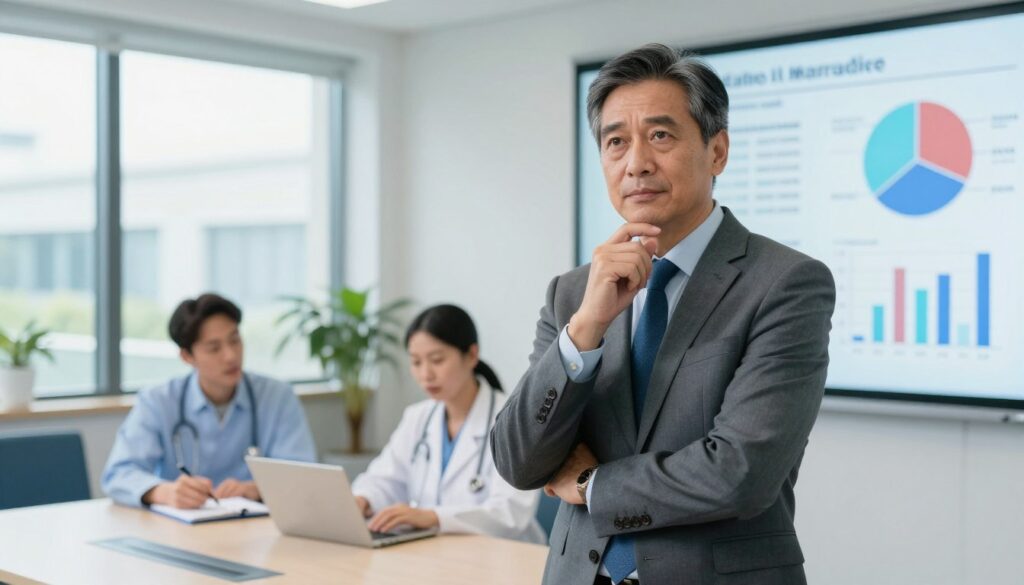 A confident middle-aged hospital administrator in professional business attire, standing in a well-lit hospital conference room, surrounded by charts and graphs on a projection screen illustrating market challenges in setting salaries. The foreground highlights the administrator, depicted with a thoughtful expression, pointing towards a detailed pie chart that represents pay disparities among healthcare professionals. In the middle ground, two engaged colleagues observe attentively, one taking notes, while the background features large windows with natural light streaming in, revealing a glimpse of the hospital’s exterior. The overall atmosphere is one of determination and focus, capturing the seriousness of navigating financial strategies in the medical field. The lens should create a slight depth of field, emphasizing the subjects while softly blurring the background.