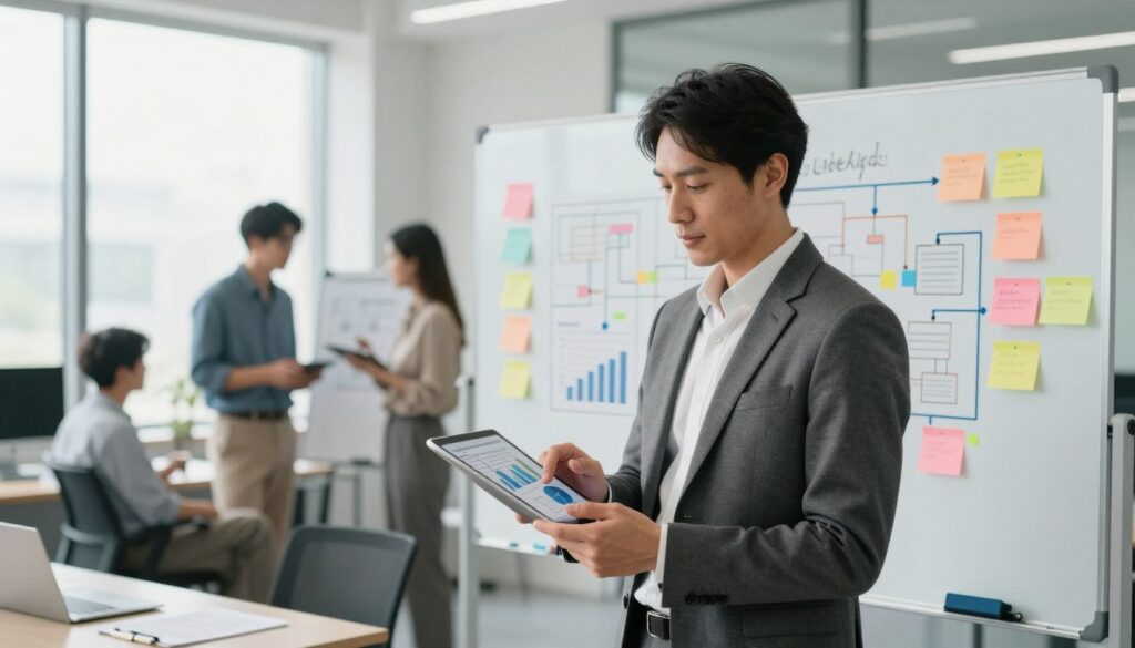 A confident project manager in a modern office setting, standing in the foreground, wearing a tailored suit. The manager is examining a tablet, showcasing graphs and charts, symbolizing project metrics and deadlines. In the middle ground, a large whiteboard filled with colorful sticky notes and flowcharts illustrates the team's planning and progress, while colleagues can be seen collaborating in the background, engaged in discussion. The office features large windows with natural light glowing through, enhancing a mood of productivity and professionalism. The angle is slightly above eye level, capturing the dynamic environment. A clean, minimalist design with soft colors emphasizes focus and organization in project management. A confident project manager in a modern office setting, standing in the foreground, wearing a tailored suit. The manager is examining a tablet, showcasing graphs and charts, symbolizing project metrics and deadlines. In the middle ground, a large whiteboard filled with colorful sticky notes and flowcharts illustrates the team's planning and progress, while colleagues can be seen collaborating in the background, engaged in discussion. The office features large windows with natural light glowing through, enhancing a mood of productivity and professionalism. The angle is slightly above eye level, capturing the dynamic environment. A clean, minimalist design with soft colors emphasizes focus and organization in project management.