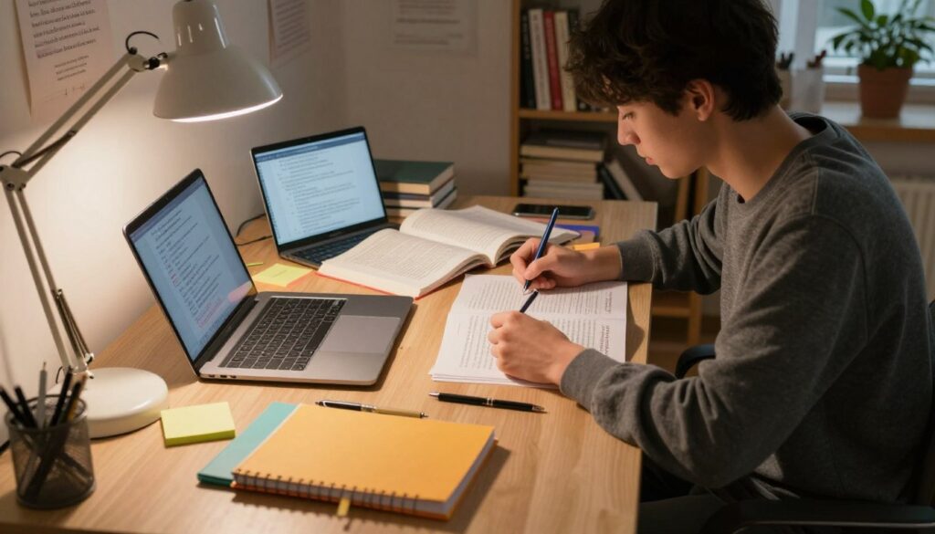A cozy study room setting, illuminated by warm, soft lighting from a nearby desk lamp. In the foreground, a light wooden desk is cluttered with various note-taking tools like colorful notebooks, a laptop, pens, and sticky notes. In the middle ground, a student in smart casual attire sits attentively, jotting notes from a printed article, surrounded by open books and digital devices showcasing a mix of traditional and modern note-taking methods. In the background, shelves filled with books and a motivational poster about effective learning methods enhance the scholarly atmosphere. The overall mood is focused and inspiring, reflecting the importance of choosing the right tools for effective note-taking in a study environment.