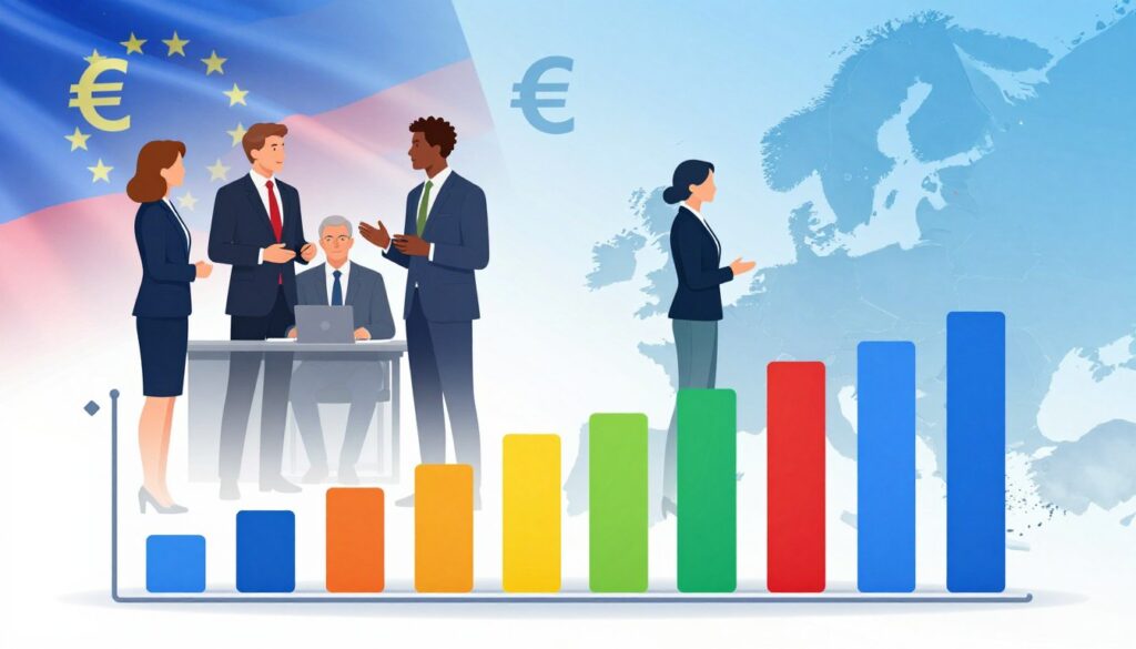 A detailed and informative infographic style illustration comparing the salaries of Polish politicians with European standards. In the foreground, display a sleek, modern bar graph featuring distinct colored bars representing different politicians' salaries. In the middle section, incorporate silhouettes of diverse politicians in professional business attire, engaged in a discussion, symbolizing balance and transparency. The background should feature a soft gradient representing the European flag alongside elements like currency symbols and maps to signify the broader European context. Use bright, clear lighting to enhance the colors and create an inviting, educational atmosphere. Maintain a clean and professional aesthetic to ensure clarity and focus on the subject matter. A detailed and informative infographic style illustration comparing the salaries of Polish politicians with European standards. In the foreground, display a sleek, modern bar graph featuring distinct colored bars representing different politicians' salaries. In the middle section, incorporate silhouettes of diverse politicians in professional business attire, engaged in a discussion, symbolizing balance and transparency. The background should feature a soft gradient representing the European flag alongside elements like currency symbols and maps to signify the broader European context. Use bright, clear lighting to enhance the colors and create an inviting, educational atmosphere. Maintain a clean and professional aesthetic to ensure clarity and focus on the subject matter.