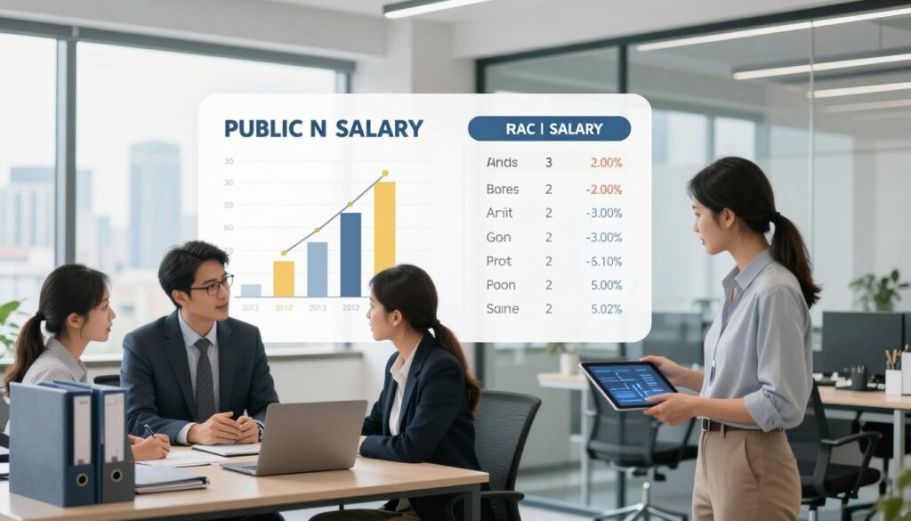 A detailed comparison image illustrating public and private sector salaries in a professional office setting. In the foreground, two groups of workers are depicted: on the left, a public sector worker in formal attire, engaging in discussion with colleagues surrounded by government office elements like a desk with folders and a laptop; on the right, a private sector employee in business casual clothing, presenting data on a digital tablet amidst a modern, sleek workspace with glass walls. The middle ground features a contrasting chart showing average salaries for both sectors in an informative layout. In the background, a soft-focus cityscape symbolizes the economic environment. Soft, natural lighting creates a professional atmosphere, and the composition is balanced, shot from a slightly elevated angle to capture both groups effectively, emphasizing their coexistence in the labor market. A detailed comparison image illustrating public and private sector salaries in a professional office setting. In the foreground, two groups of workers are depicted: on the left, a public sector worker in formal attire, engaging in discussion with colleagues surrounded by government office elements like a desk with folders and a laptop; on the right, a private sector employee in business casual clothing, presenting data on a digital tablet amidst a modern, sleek workspace with glass walls. The middle ground features a contrasting chart showing average salaries for both sectors in an informative layout. In the background, a soft-focus cityscape symbolizes the economic environment. Soft, natural lighting creates a professional atmosphere, and the composition is balanced, shot from a slightly elevated angle to capture both groups effectively, emphasizing their coexistence in the labor market.