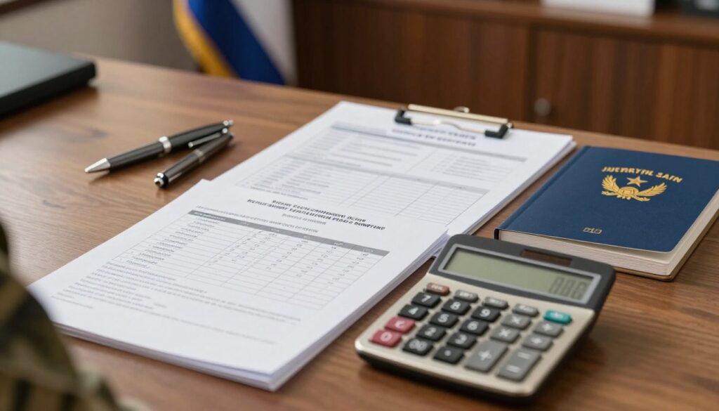 A detailed depiction of military salary components and service allowances, featuring a desk with neatly arranged documents and a calculator in the foreground. In the middle ground, display professional business items like pens, a military pay chart, and a regulation manual. The background should show a softly blurred military office setting, with a flag and insignia subtly visible. The lighting is warm and inviting, creating a focused, serious atmosphere. Use a slightly elevated angle to showcase everything on the desk, emphasizing organization and professionalism. The mood should convey diligence and responsibility, reflecting the importance of military compensation. A detailed depiction of military salary components and service allowances, featuring a desk with neatly arranged documents and a calculator in the foreground. In the middle ground, display professional business items like pens, a military pay chart, and a regulation manual. The background should show a softly blurred military office setting, with a flag and insignia subtly visible. The lighting is warm and inviting, creating a focused, serious atmosphere. Use a slightly elevated angle to showcase everything on the desk, emphasizing organization and professionalism. The mood should convey diligence and responsibility, reflecting the importance of military compensation.