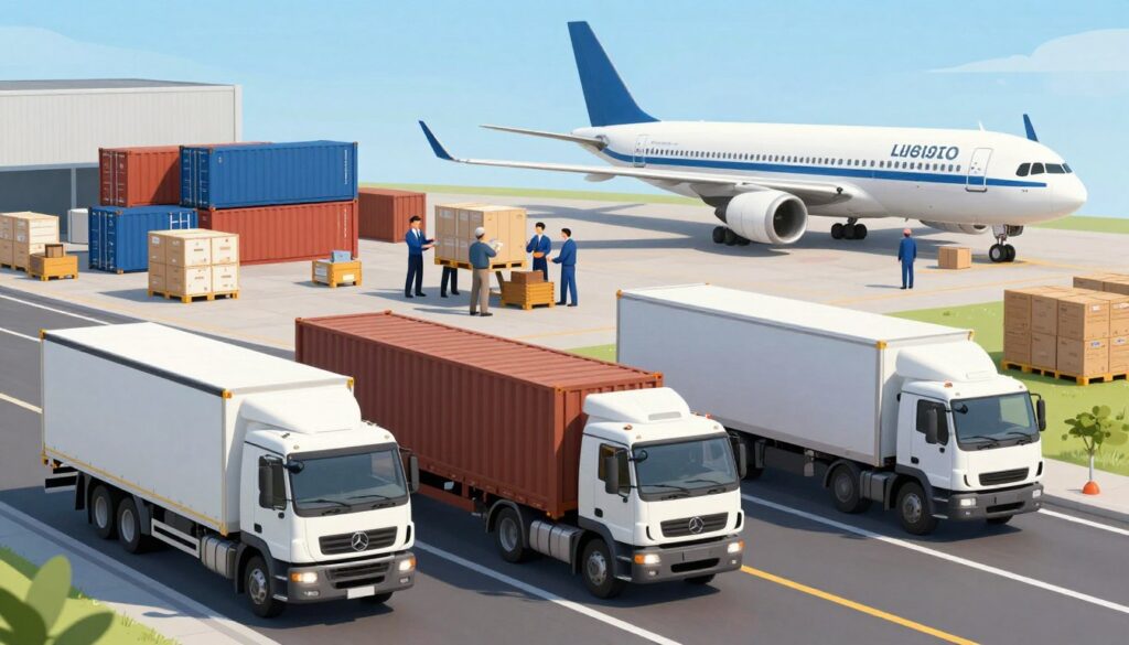A detailed illustration depicting the various types of logistics and transportation modes. In the foreground, there are three vehicles: a large cargo truck, a freight train, and an airplane, each representing different transport methods. In the middle ground, a busy logistics hub with containers and crates, as well as professionals in business attire managing the operations, highlighting teamwork in freight handling. The background features a clear sky for the airplane, railway tracks for the train, and a highway for the truck, showcasing an organized transport environment. The image is brightly lit, with soft shadows for a professional, dynamic atmosphere. Use a wide-angle perspective to capture the bustling activity, emphasizing efficiency in the logistics sector. A detailed illustration depicting the various types of logistics and transportation modes. In the foreground, there are three vehicles: a large cargo truck, a freight train, and an airplane, each representing different transport methods. In the middle ground, a busy logistics hub with containers and crates, as well as professionals in business attire managing the operations, highlighting teamwork in freight handling. The background features a clear sky for the airplane, railway tracks for the train, and a highway for the truck, showcasing an organized transport environment. The image is brightly lit, with soft shadows for a professional, dynamic atmosphere. Use a wide-angle perspective to capture the bustling activity, emphasizing efficiency in the logistics sector.