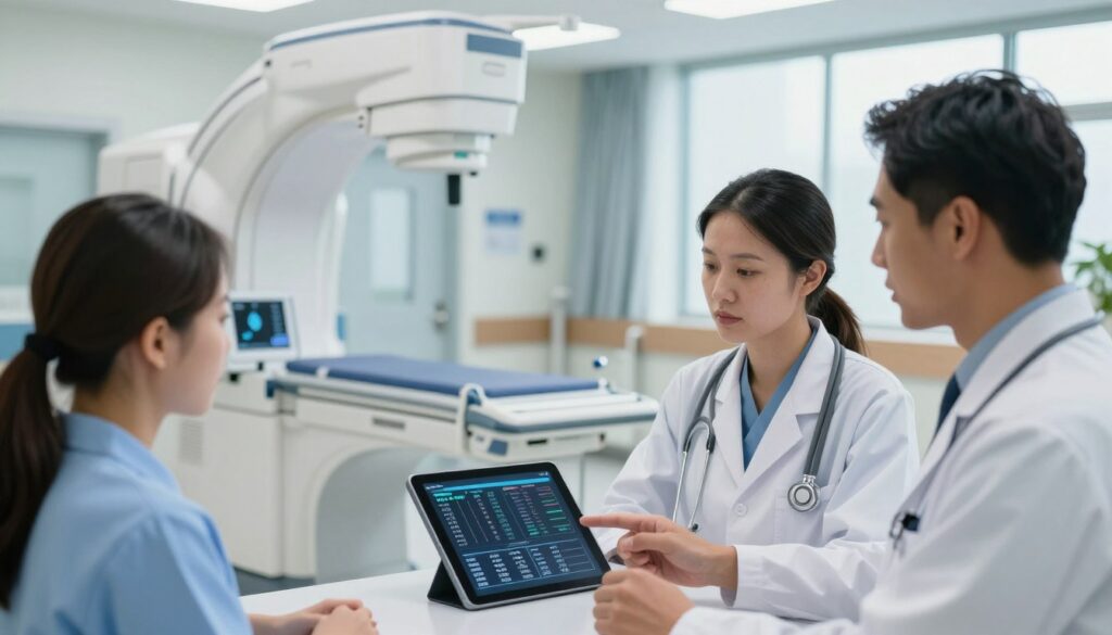 A detailed illustration of the salary mechanics in healthcare, focusing on electronic radiology. In the foreground, depict a diverse group of healthcare professionals, including a radiologist and administrative staff, engaged in a discussion over a digital tablet displaying salary charts and graphs. In the middle ground, showcase a modern hospital setting with high-tech radiology equipment, highlighting the blend of technology and healthcare. The background should hint at a bustling hospital corridor, softly illuminated by natural light from large windows, creating a bright and professional atmosphere. The scene should convey collaboration and the importance of fair compensation in the medical field, emphasizing an air of seriousness and professionalism. Use a shallow depth of field to focus on the group while softly blurring the background. A detailed illustration of the salary mechanics in healthcare, focusing on electronic radiology. In the foreground, depict a diverse group of healthcare professionals, including a radiologist and administrative staff, engaged in a discussion over a digital tablet displaying salary charts and graphs. In the middle ground, showcase a modern hospital setting with high-tech radiology equipment, highlighting the blend of technology and healthcare. The background should hint at a bustling hospital corridor, softly illuminated by natural light from large windows, creating a bright and professional atmosphere. The scene should convey collaboration and the importance of fair compensation in the medical field, emphasizing an air of seriousness and professionalism. Use a shallow depth of field to focus on the group while softly blurring the background.