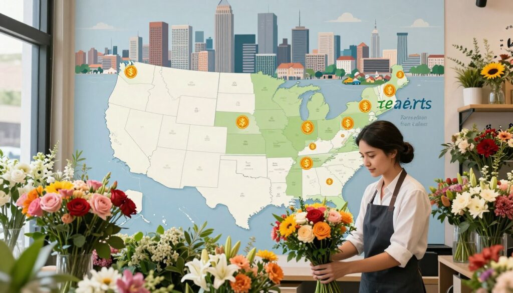 A detailed infographic-style image showcasing the differences in salaries across various cities for florists. In the foreground, display a vibrant flower shop with a florist arranging colorful bouquets, dressed in professional attire. The middle ground should include a regional map highlighting different cities with varying salary icons, depicted as coins or currency symbols, emphasizing disparity. In the background, illustrate cityscapes representing diverse urban environments, such as a bustling metropolis and a small town. Use daylight for bright, inviting lighting, ensuring clarity and contrast. The mood should be informative yet engaging, conveying a sense of professionalism and location-based economic diversity. A detailed infographic-style image showcasing the differences in salaries across various cities for florists. In the foreground, display a vibrant flower shop with a florist arranging colorful bouquets, dressed in professional attire. The middle ground should include a regional map highlighting different cities with varying salary icons, depicted as coins or currency symbols, emphasizing disparity. In the background, illustrate cityscapes representing diverse urban environments, such as a bustling metropolis and a small town. Use daylight for bright, inviting lighting, ensuring clarity and contrast. The mood should be informative yet engaging, conveying a sense of professionalism and location-based economic diversity.