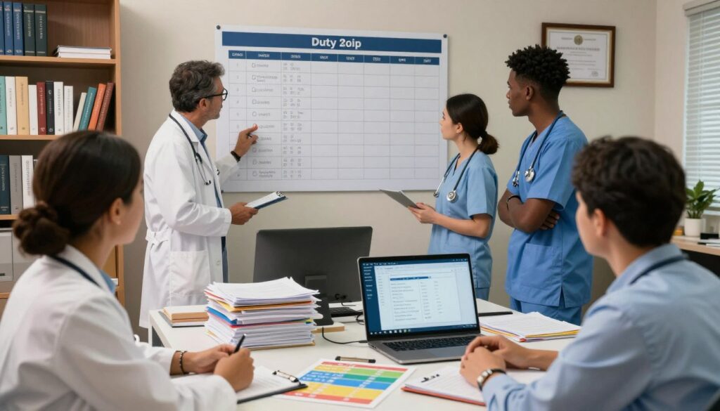 A detailed scene depicting a medical duty scheduling office. In the foreground, a diverse group of healthcare professionals in professional attire (including doctors, nurses, and administrative staff) is engaged in discussions while reviewing a large wall-mounted schedule of medical shifts. The middle layer features a cluttered desk with medical records, a laptop displaying a shift management software interface, and a colorful chart outlining shift remuneration. In the background, the office features shelves filled with medical books and framed degrees on the walls. Soft, warm lighting creates a focused atmosphere, highlighting the serious yet collaborative nature of medical scheduling. Capture the essence of teamwork and organization within a healthcare environment, ensuring a professional and productive mood.