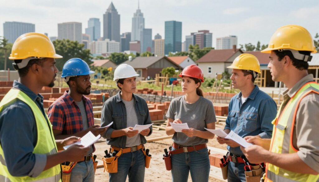 A detailed scene illustrating the differences in bricklayer salaries across various regions. In the foreground, depict a diverse group of bricklayers, dressed in professional work attire, discussing their pay rates with visible expressions of concern and determination. In the middle ground, show contrasting urban and rural backdrops, such as a city skyline and a small village, highlighting the regional disparity. Include elements like construction sites and residential homes to emphasize the bricklaying profession. For lighting, use natural sunlight to create a warm and inviting atmosphere, while making sure the focus is sharp on the subjects. The lens should provide a slightly wide-angle view, allowing for a comprehensive portrayal of the setting and mood of the discussion around wages.