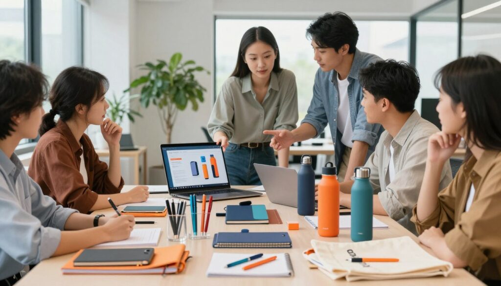 A diverse group of professionals in a modern office setting, collaborating on a table filled with various promotional gadgets such as branded pens, notepads, reusable water bottles, and tote bags. The foreground features a well-organized selection of these items, showcasing their quality and design. In the middle ground, two individuals in smart casual attire are discussing the gadgets, pointing to a laptop displaying a colorful presentation of promotional items. The background shows a bright and inviting office space with green plants and large windows letting in natural light, creating a productive atmosphere. Use soft lighting to enhance the inviting mood, focusing on the gadgets' vibrant colors and textures while ensuring a clean and polished look overall.