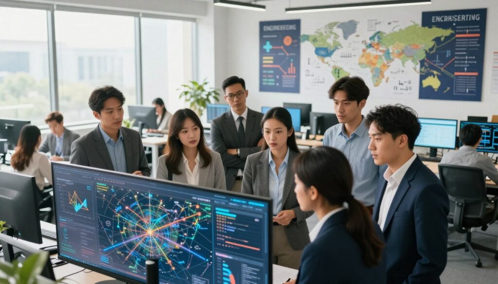A dynamic and inspiring scene showcasing economic and technical fields for graduates, featuring a diverse group of professionals in business attire engaged in collaborative discussions. In the foreground, a mixed-gender group of young adults, representing various ethnicities, is analyzing a digital map and displaying graphs on a transparent screen, with expressions of focus and determination. The middle ground highlights a modern office environment with large windows letting in bright natural light, featuring high-tech equipment and interactive displays. In the background, large posters on the walls symbolize different economic and technical pathways, like engineering and finance, integrated with mathematical symbols and geographical elements. The overall atmosphere is vibrant and motivating, encouraging the viewer to envision future possibilities in these fields.