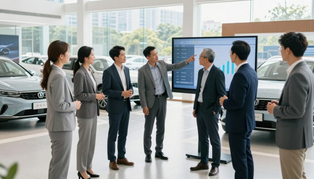 A dynamic automotive career development scene in a modern car dealership. In the foreground, a diverse group of professional individuals in business attire, engaging in a discussion about career progression, with one person pointing at a digital display showing sales figures and growth opportunities. The middle ground features sleek, contemporary cars on display, showcasing the latest models. Bright, natural lighting floods the space, creating a positive and inspiring atmosphere. The background includes a large window revealing a bustling cityscape, symbolizing growth and opportunity. The composition should convey ambition and professionalism, highlighting the vibrant possibilities within the automotive industry.