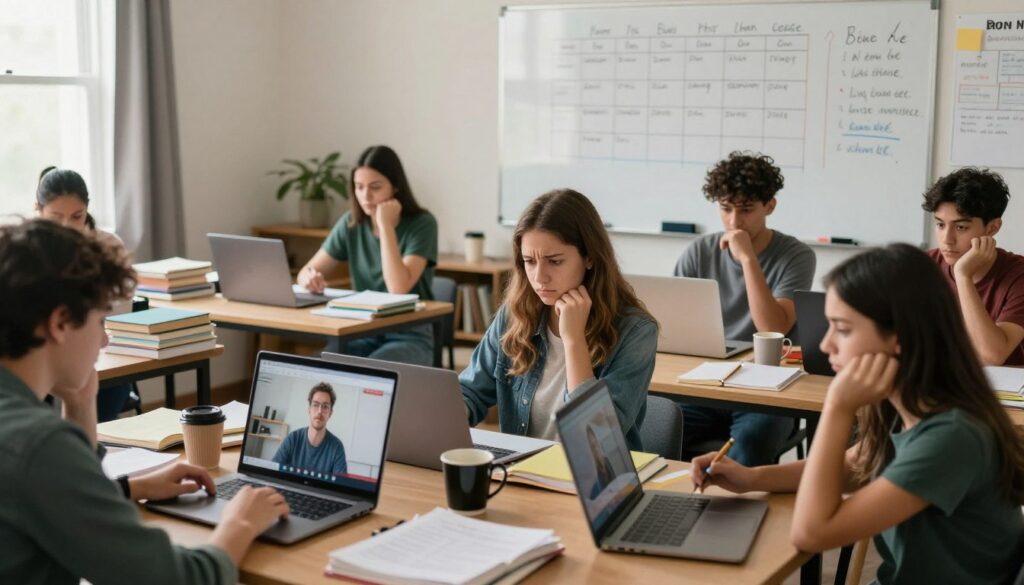 A dynamic indoor learning environment depicting the challenges of remote education. In the foreground, a diverse group of students sits at their desks, focused on laptops displaying online classes. Each student has a concerned or thoughtful expression, symbolizing the struggles of virtual learning. The middle ground features a cluttered study area with textbooks, coffee mugs, and notes scattered about, highlighting the chaotic nature of home study. The background shows a wall with a whiteboard filled with handwritten reminders and schedules, representing organization efforts. Soft, natural lighting filters through a window, creating a warm yet slightly chaotic atmosphere. The image conveys the tension and adaptation issues faced in remote education.