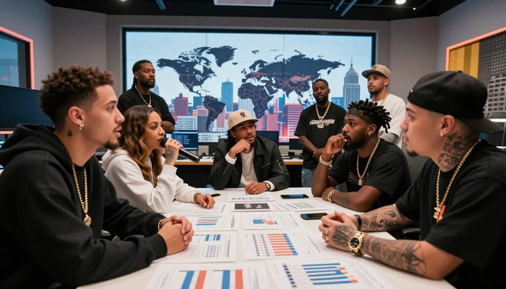 A dynamic scene representing global hip-hop earnings, featuring a diverse group of rappers engaged in a lively discussion about their financial successes. In the foreground, two men and a woman in professional street fashion gather around a table filled with charts and graphs illustrating concert revenues, streaming statistics, and advertising collaborations. The middle ground showcases a vibrant city skyline, symbolizing global reach and cultural impact. The background features a modern studio with large windows, allowing natural light to illuminate the workspace. The atmosphere is energetic and inspiring, capturing the essence of ambition and financial growth in the hip-hop industry. Use a wide-angle lens to enhance the sense of space and focus on the expressive faces of the artists.