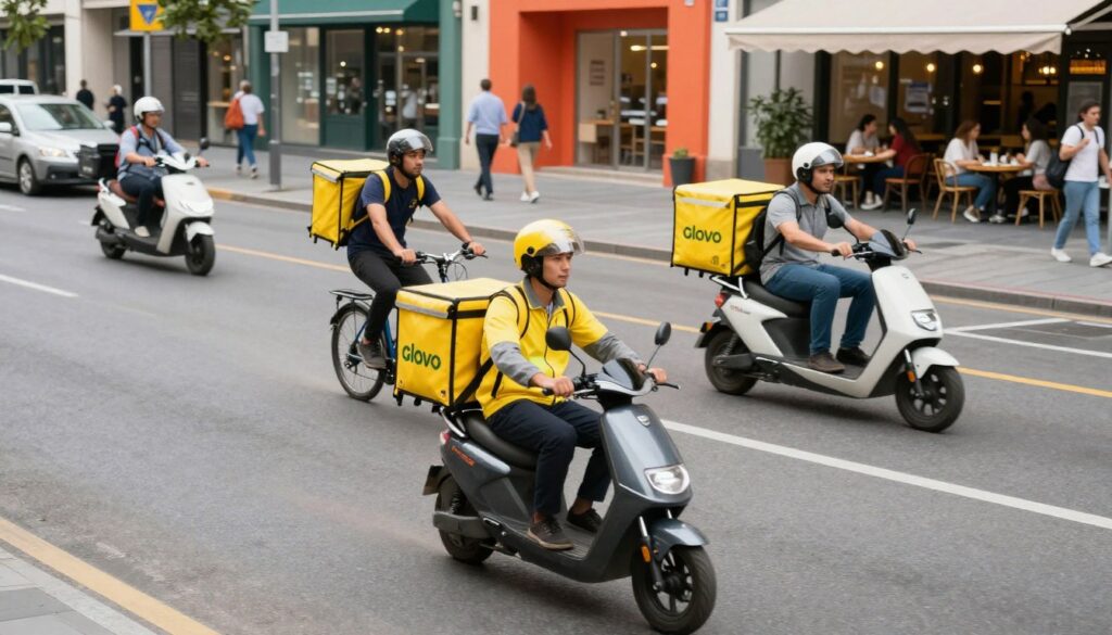 A dynamic urban scene depicting a diverse selection of delivery vehicles used by Glovo couriers in a bustling city environment. In the foreground, a focused delivery person in a professional outfit is seen riding an electric scooter, confidently navigating through the streets. In the middle ground, a bicycle courier is seen overtaking a compact electric vehicle, emphasizing the variety of transport options available. The background features vibrant city architecture, with pedestrians and cafes that convey a lively atmosphere. The image should be bright and well-lit, capturing the hustle of the city during daytime, with soft shadows. A high-angle shot enhances the perspective, showcasing a sense of movement and urgency around the theme of efficient delivery logistics.