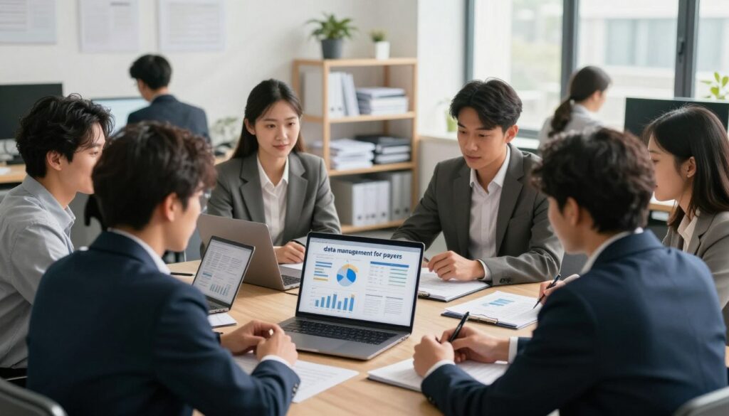 A focused office scene depicting a professional environment dedicated to "data management for payers." In the foreground, a diverse group of business professionals, dressed in smart business attire, are engaged in a discussion over a laptop displaying graphs and documents related to payer data management. In the middle ground, shelves filled with organized paperwork and technology showcase efficient document management. The background features a modern office with large windows allowing natural light to flood the space, casting soft shadows. Use a warm color palette to create an inviting atmosphere, and a slightly elevated angle to highlight the collaboration and interaction among the team. The overall mood is productive and professional, emphasizing the importance of data management and documentation updates. A focused office scene depicting a professional environment dedicated to "data management for payers." In the foreground, a diverse group of business professionals, dressed in smart business attire, are engaged in a discussion over a laptop displaying graphs and documents related to payer data management. In the middle ground, shelves filled with organized paperwork and technology showcase efficient document management. The background features a modern office with large windows allowing natural light to flood the space, casting soft shadows. Use a warm color palette to create an inviting atmosphere, and a slightly elevated angle to highlight the collaboration and interaction among the team. The overall mood is productive and professional, emphasizing the importance of data management and documentation updates.