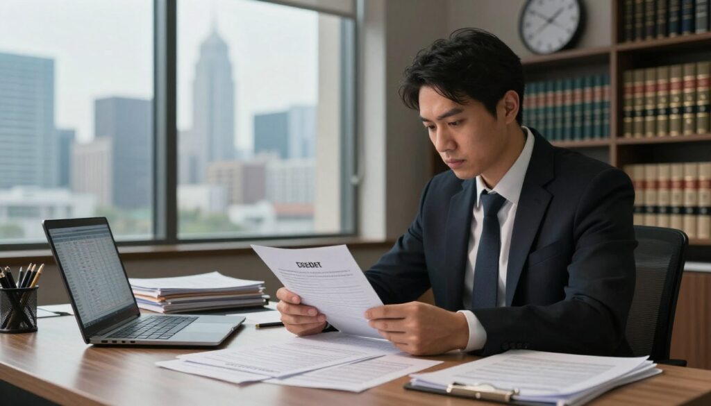A focused scene depicting a financial debt collector in a modern office setting, sitting at a desk cluttered with paperwork, files, and a laptop open to a spreadsheet. The foreground shows a professional-looking individual, dressed in smart business attire, analyzing documents that highlight wrongful actions against a debtor. In the middle ground, a window reveals a sleek city skyline under soft, natural lighting, creating an atmosphere of diligence and seriousness. The background features shelves filled with law books and a clock on the wall indicating late hours, conveying the urgency of documenting the collector's actions. Warm, subdued lighting enhances the mood of determination and professionalism, underscoring the gravity of the situation without conveying any negativity. A focused scene depicting a financial debt collector in a modern office setting, sitting at a desk cluttered with paperwork, files, and a laptop open to a spreadsheet. The foreground shows a professional-looking individual, dressed in smart business attire, analyzing documents that highlight wrongful actions against a debtor. In the middle ground, a window reveals a sleek city skyline under soft, natural lighting, creating an atmosphere of diligence and seriousness. The background features shelves filled with law books and a clock on the wall indicating late hours, conveying the urgency of documenting the collector's actions. Warm, subdued lighting enhances the mood of determination and professionalism, underscoring the gravity of the situation without conveying any negativity.