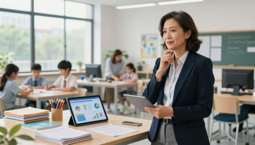 A futuristic school setting in 2026, featuring a middle-aged school counselor standing confidently in a bright, modern office filled with educational materials and technology. In the foreground, the counselor is dressed in professional business attire, engaging thoughtfully with a digital tablet displaying educational statistics and data. The middle ground includes a well-organized desk with student files and resources, while large windows in the background let in natural light, highlighting a vibrant school environment with young students learning and interacting. The atmosphere is optimistic and focused, emphasizing professionalism and advancement in education. The image should convey a sense of progress and innovation in the role of a school counselor. A futuristic school setting in 2026, featuring a middle-aged school counselor standing confidently in a bright, modern office filled with educational materials and technology. In the foreground, the counselor is dressed in professional business attire, engaging thoughtfully with a digital tablet displaying educational statistics and data. The middle ground includes a well-organized desk with student files and resources, while large windows in the background let in natural light, highlighting a vibrant school environment with young students learning and interacting. The atmosphere is optimistic and focused, emphasizing professionalism and advancement in education. The image should convey a sense of progress and innovation in the role of a school counselor.