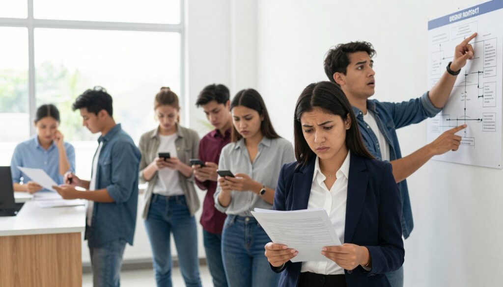 A group of diverse university candidates in a bustling university admissions office, showcasing a variety of expressions like confusion and determination. In the foreground, a young woman in professional attire reviews a stack of application papers with a focused look. Beside her, a young man gestures towards a chart on a wall that outlines the admissions process, his face reflecting a mix of concern and eagerness. In the middle ground, other candidates are engaged in discussions, some looking at their smartphones, while others wait in a line by a reception desk. The background features a large window with natural light flooding the room, creating a bright and inviting atmosphere. The overall mood captures the intensity and anxiousness of the application process, emphasizing the importance of being well-prepared while avoiding common mistakes.