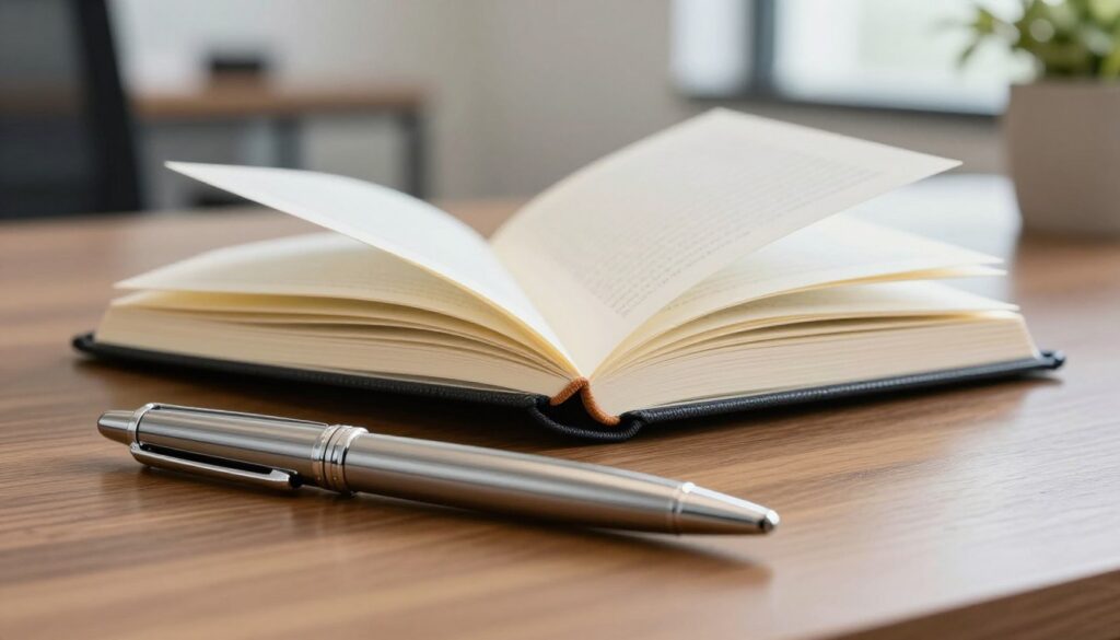 A high-quality close-up image of a beautifully crafted promotional gift, such as a stylish pen and notebook set, elegantly arranged on a smooth wooden desk. In the foreground, the pen should gleam under soft, diffused natural light, casting gentle reflections that emphasize its metallic finish and ergonomic design. In the middle, the notebook should feature a luxurious textured cover, with crisp pages slightly fanned out, showcasing attention to detail in the craftsmanship. In the background, a blurred office environment hints at a professional setting, with soft focus on modern furnishings and plants that add a touch of greenery. The mood is sophisticated and inviting, conveying a sense of trust and quality that reinforces the brand's image.