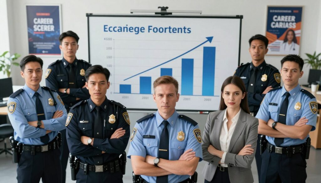A high-quality image depicting a professional setting focused on career advancement in law enforcement. In the foreground, a diverse group of police officers in professional business attire, standing confidently with expressions of determination. The middle ground features a large chart or graph showing progression in experience, salary, and promotions, symbolizing career growth. The background includes a modern office space with motivational posters related to career and advancement, softly lit to create an inspiring atmosphere. The mood is serious yet uplifting, capturing the ambition and dedication of law enforcement professionals pursuing financial and career success. Shot from a slight above angle to convey an overarching view of the scenario. Use soft, diffused lighting to enhance the professional and motivational feel. A high-quality image depicting a professional setting focused on career advancement in law enforcement. In the foreground, a diverse group of police officers in professional business attire, standing confidently with expressions of determination. The middle ground features a large chart or graph showing progression in experience, salary, and promotions, symbolizing career growth. The background includes a modern office space with motivational posters related to career and advancement, softly lit to create an inspiring atmosphere. The mood is serious yet uplifting, capturing the ambition and dedication of law enforcement professionals pursuing financial and career success. Shot from a slight above angle to convey an overarching view of the scenario. Use soft, diffused lighting to enhance the professional and motivational feel.