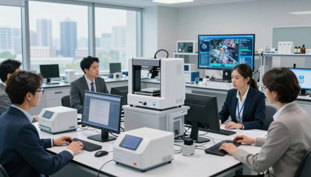 A high-tech forensic laboratory scene showcasing advanced criminalistics technology. In the foreground, a diverse group of professionals in smart business attire collaborates around a large table filled with electronic devices, DNA sequencers, and digital analysis tools. In the middle, sleek, modern equipment, such as a 3D printer creating a forensic model and a holographic display presenting crime scene data. The background features large windows revealing a city skyline, with ambient natural light flooding the room. The overall mood conveys a sense of innovation and urgency, emphasizing the rapid evolution of technology in crime investigation, with a clean, professional atmosphere and polished surfaces.