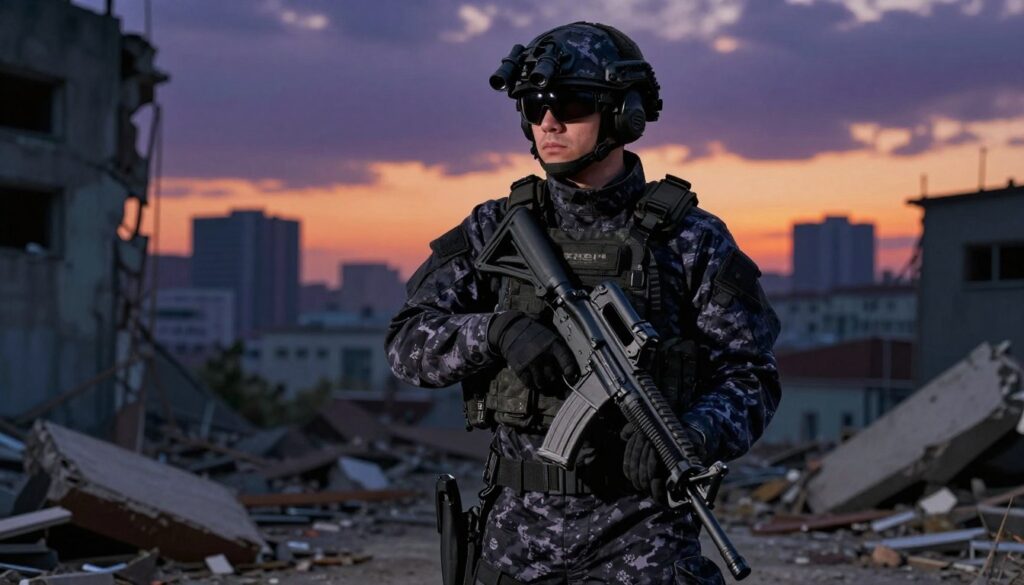 A highly detailed illustration of an elite soldier representing the GROM special forces unit, standing in a tactical pose in a modern urban environment. In the foreground, the soldier wears a sleek, dark camouflage uniform with advanced tactical gear, including a helmet with night vision goggles, a utility belt, and high-tech weaponry. The middle ground features a partially destroyed urban landscape, with debris and shadows adding depth. The background shows a city skyline under a dusky, dramatic sunset with orange and purple hues, casting dynamic shadows. The overall atmosphere conveys strength, discipline, and dedication. The lighting is moody yet focused, highlighting the soldier’s expression of determination. The image should be sharp, with a cinematic depth of field that emphasizes the soldier while blurring the distant background.