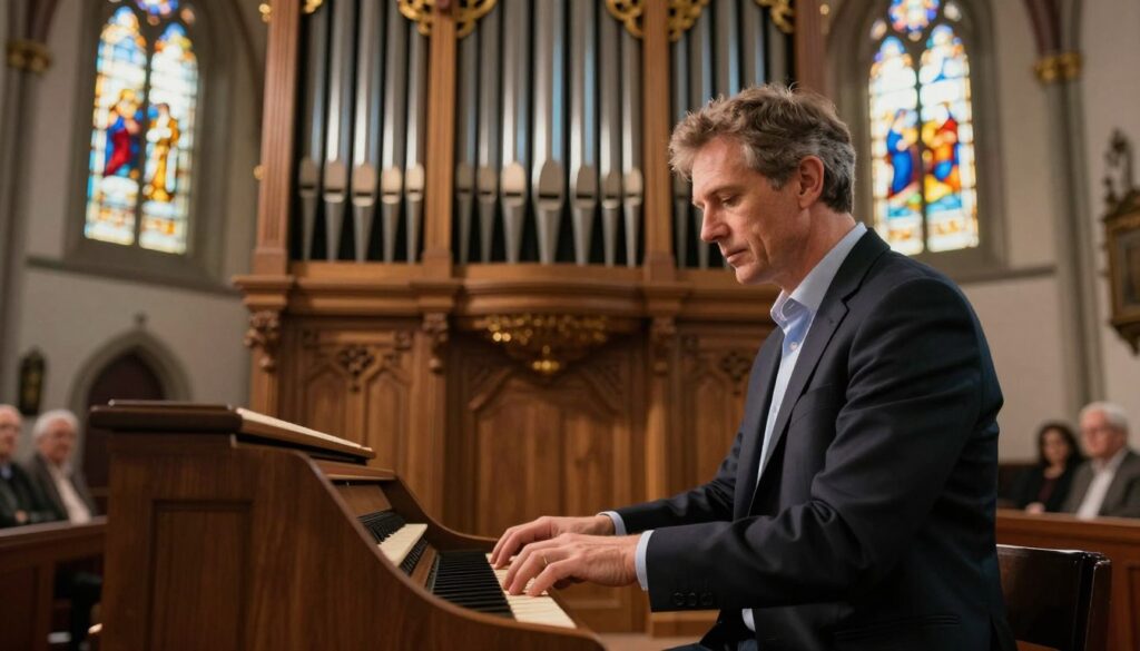 A middle-aged male organist, dressed in smart casual attire, plays a grand pipe organ in an ornate church interior. Focus in the foreground reveals his concentrated expression as he skillfully navigates the keys. The middle ground captures the detailed woodwork and colorful stained glass windows of the church, softly illuminated by warm golden light streaming through. In the background, faint silhouettes of parishioners can be seen attending a service, contributing to the atmosphere of reverence and community. The overall mood is serene and uplifting, evoking a sense of spiritual devotion. The composition is framed with a slightly elevated angle to emphasize the organ's grandeur and the organist's dedication.