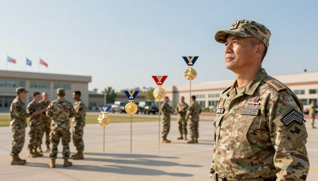 A military career progression scene featuring a senior soldier in professional attire standing confidently at the forefront, surveying a pathway leading to various symbolic milestones of advancement, like medals and ranks displayed artistically along the path. In the middle ground, a diverse group of soldiers in uniform, engaged in training exercises and discussions, illustrating teamwork and growth. The background features a blurred military base with flags and vehicles under clear blue skies, conveying a sense of ambition and hope for the future. The lighting is warm and inviting, emphasizing the soldier's determination. Use a slight upward angle to showcase the advancements, creating an inspiring atmosphere. The overall mood should be motivational and focused on professional development in the military field. A military career progression scene featuring a senior soldier in professional attire standing confidently at the forefront, surveying a pathway leading to various symbolic milestones of advancement, like medals and ranks displayed artistically along the path. In the middle ground, a diverse group of soldiers in uniform, engaged in training exercises and discussions, illustrating teamwork and growth. The background features a blurred military base with flags and vehicles under clear blue skies, conveying a sense of ambition and hope for the future. The lighting is warm and inviting, emphasizing the soldier's determination. Use a slight upward angle to showcase the advancements, creating an inspiring atmosphere. The overall mood should be motivational and focused on professional development in the military field.