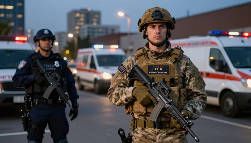 A military sapper in full uniform stands confidently in the foreground, wearing tactical gear adorned with patches symbolizing rank and service. In their hands, they hold specialized tools used for explosive ordnance disposal, showcasing their expertise and training. To the left, a police officer is depicted in similar protective attire, symbolizing the collaboration between military and law enforcement, with a backdrop of an urban landscape hinting at an ongoing operation. The middle ground is filled with emergency vehicles, adding to the scene's sense of urgency and realism. The background features a soft-focus city skyline at dusk, illuminated by warm streetlights. The lighting is dramatic yet balanced, with highlights accentuating the characters' determination. The mood is serious and focused, reflecting the high stakes and risk associated with their professions.