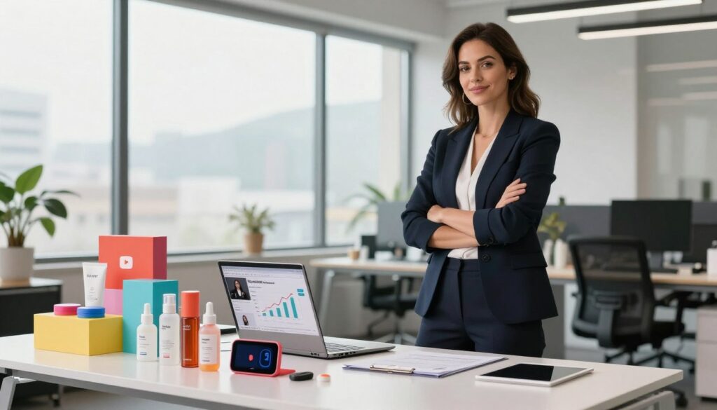 A modern businesswoman with a confident demeanor stands at a sleek desk, showcasing various successful brand projects. She is dressed in smart casual attire—stylish blazer and tailored pants. The foreground features a colorful display of products, such as skincare items and tech gadgets, symbolizing her entrepreneurial ventures. In the middle ground, her laptop displays analytics and growth charts related to her YouTube channel and advertising income. The background reveals a bright, contemporary office with large windows, letting in soft natural light. The mood is empowering and inspiring, emphasizing financial independence and creativity. The image is captured with a slight angle to highlight both her triumphant expression and the impressive workspace around her.