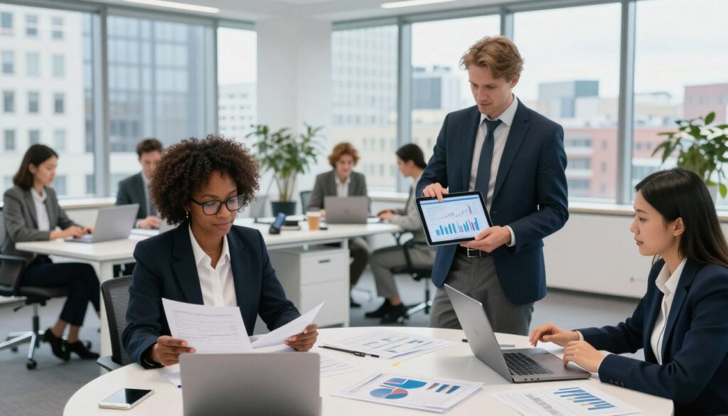A modern office environment showcasing high-paying job sectors. In the foreground, a diverse group of professionals in formal business attire, including a Black woman with glasses reviewing financial documents, a Caucasian man presenting data on a digital tablet, and an Asian woman discussing strategies at a round table. In the middle, sleek desks with laptops, financial charts, and reports scattered strategically. The background features large windows with a panoramic view of a bustling cityscape, emphasizing a thriving economy. Bright and natural lighting streams in, creating an optimistic, focused atmosphere. The angle captures the dynamic energy of collaboration and success, reflecting the specificity of high-paying occupations in Norway. A modern office environment showcasing high-paying job sectors. In the foreground, a diverse group of professionals in formal business attire, including a Black woman with glasses reviewing financial documents, a Caucasian man presenting data on a digital tablet, and an Asian woman discussing strategies at a round table. In the middle, sleek desks with laptops, financial charts, and reports scattered strategically. The background features large windows with a panoramic view of a bustling cityscape, emphasizing a thriving economy. Bright and natural lighting streams in, creating an optimistic, focused atmosphere. The angle captures the dynamic energy of collaboration and success, reflecting the specificity of high-paying occupations in Norway.