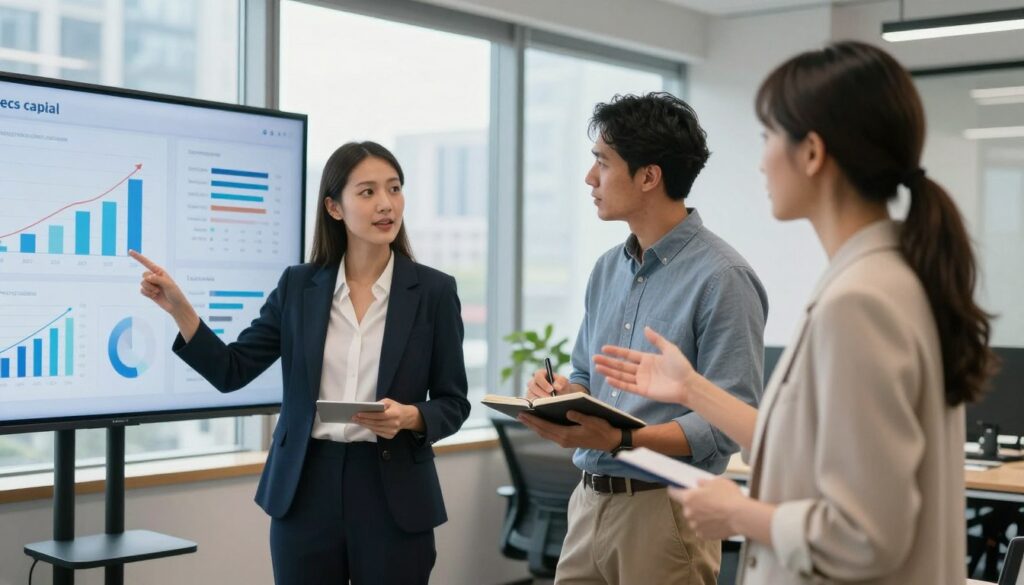 A modern office environment with a diverse group of professionals engaged in a discussion about investment in human capital. In the foreground, a woman in business attire enthusiastically presents data on a large screen, showing graphs and charts related to career growth. To her right, a man in smart casual clothing takes notes, while a woman next to him gestures toward the screen, indicating agreement. In the middle background, a window reveals a cityscape, symbolizing opportunities. Soft, natural lighting fills the room, creating an inspiring atmosphere. The focus is on collaboration and professional development, reflecting the theme of advancement through education and skill enhancement. The angle captures the interaction and engagement among the participants. A modern office environment with a diverse group of professionals engaged in a discussion about investment in human capital. In the foreground, a woman in business attire enthusiastically presents data on a large screen, showing graphs and charts related to career growth. To her right, a man in smart casual clothing takes notes, while a woman next to him gestures toward the screen, indicating agreement. In the middle background, a window reveals a cityscape, symbolizing opportunities. Soft, natural lighting fills the room, creating an inspiring atmosphere. The focus is on collaboration and professional development, reflecting the theme of advancement through education and skill enhancement. The angle captures the interaction and engagement among the participants.