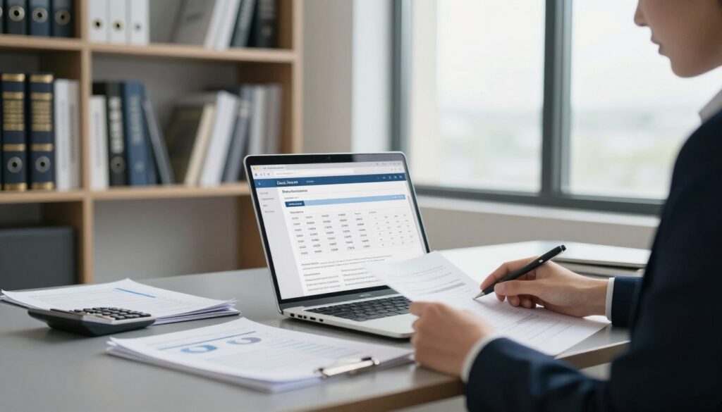 A modern office environment with a sleek desk featuring a laptop open to a webpage displaying debtor registration information. In the foreground, a professional, focused person in business attire reviews documents related to company debts, surrounded by spreadsheets and a calculator. The middle ground includes a bookshelf filled with business literature and legal reference books. In the background, large windows let in soft, natural light, creating a clear, bright atmosphere. The room is organized and conveys a sense of professionalism and diligence in financial matters. The overall mood is serious yet calm, reflecting the importance of understanding debt registration and business credibility.