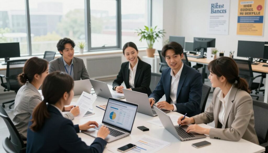 A modern office setting illustrating employee benefits in Europe. In the foreground, a diverse group of professionals dressed in smart business attire engages in a lively discussion around a table filled with documents and laptops, showcasing graphs and charts related to employee benefits. In the middle, a large window allows natural light to flood the space, portraying a bright and optimistic atmosphere. The background features a tasteful blend of modern furniture and motivational posters hinting at work-life balance and social security. The overall mood is collaborative and proactive, emphasizing the importance of social benefits in the workforce. Use soft lighting and a slightly elevated angle to enhance the professional ambiance of the scene. A modern office setting illustrating employee benefits in Europe. In the foreground, a diverse group of professionals dressed in smart business attire engages in a lively discussion around a table filled with documents and laptops, showcasing graphs and charts related to employee benefits. In the middle, a large window allows natural light to flood the space, portraying a bright and optimistic atmosphere. The background features a tasteful blend of modern furniture and motivational posters hinting at work-life balance and social security. The overall mood is collaborative and proactive, emphasizing the importance of social benefits in the workforce. Use soft lighting and a slightly elevated angle to enhance the professional ambiance of the scene.